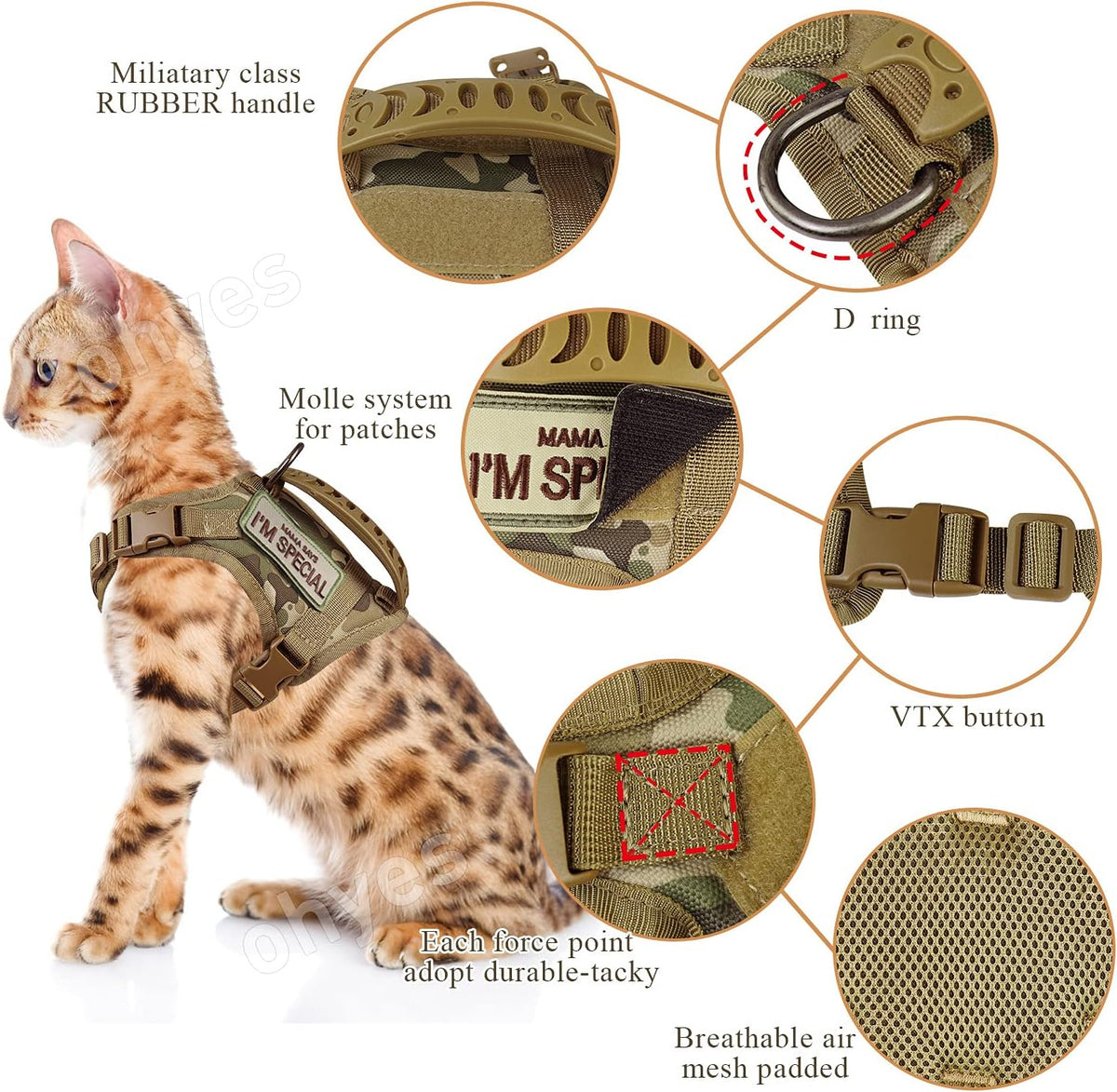 Tactical Cat Harness for Walking Escape Proof, Soft Mesh Adjustable Pet Vest Harness for Large Cat,Small Dog (L, Khaki)