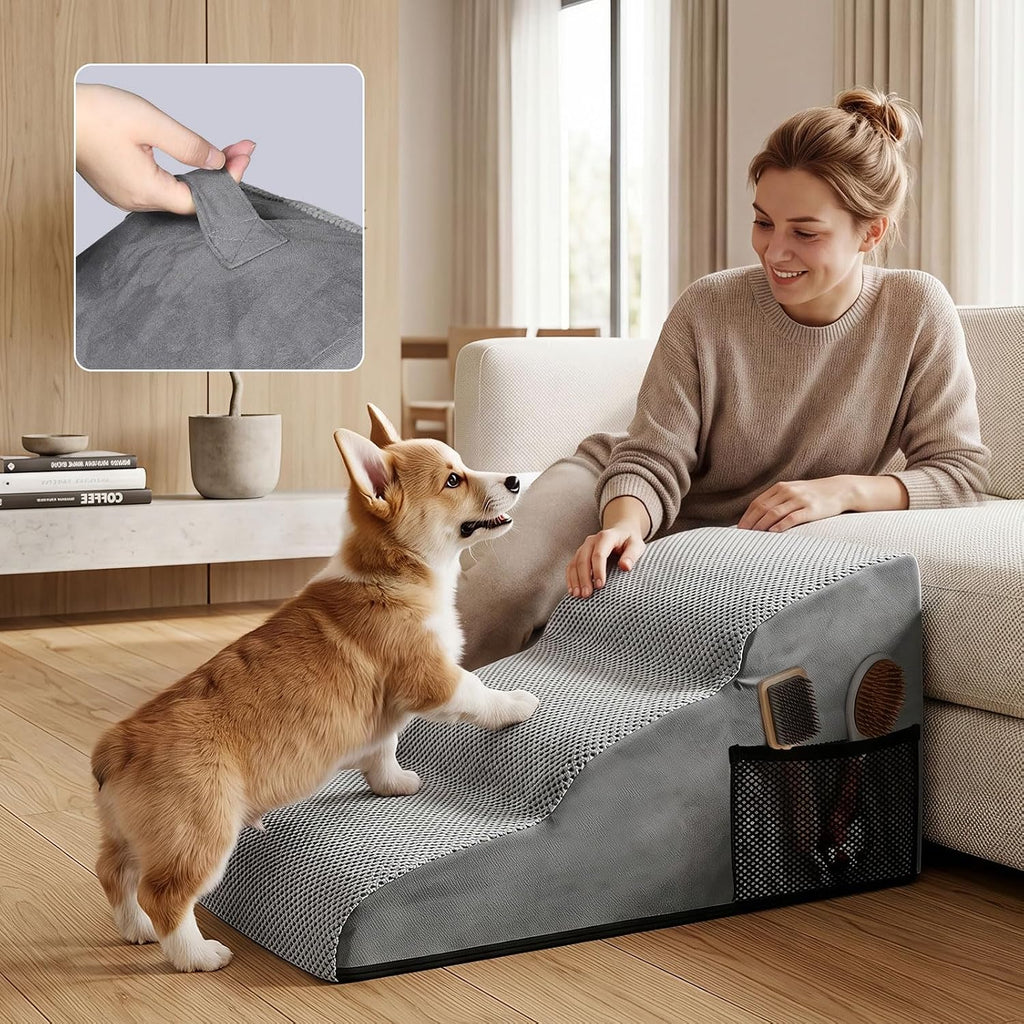Dog Stairs for Small Dogs, Extended 3-Step Foam Pet Ramp for Bed Couch