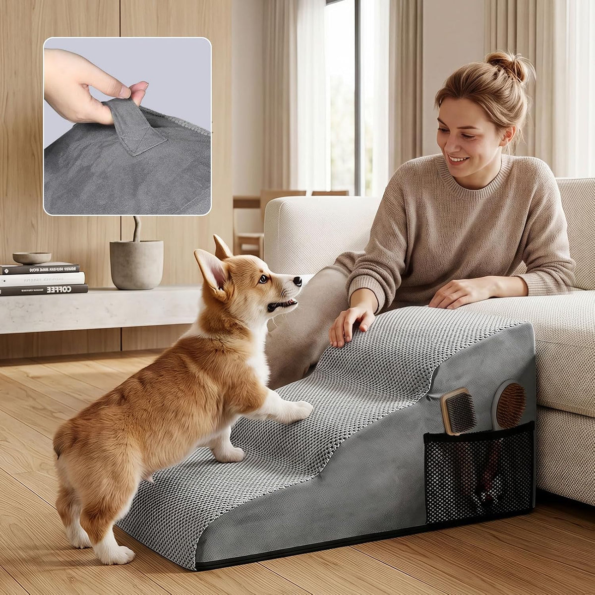 Dog Stairs for Small Dogs, Extended 3-Step Foam Pet Ramp for Bed Couch