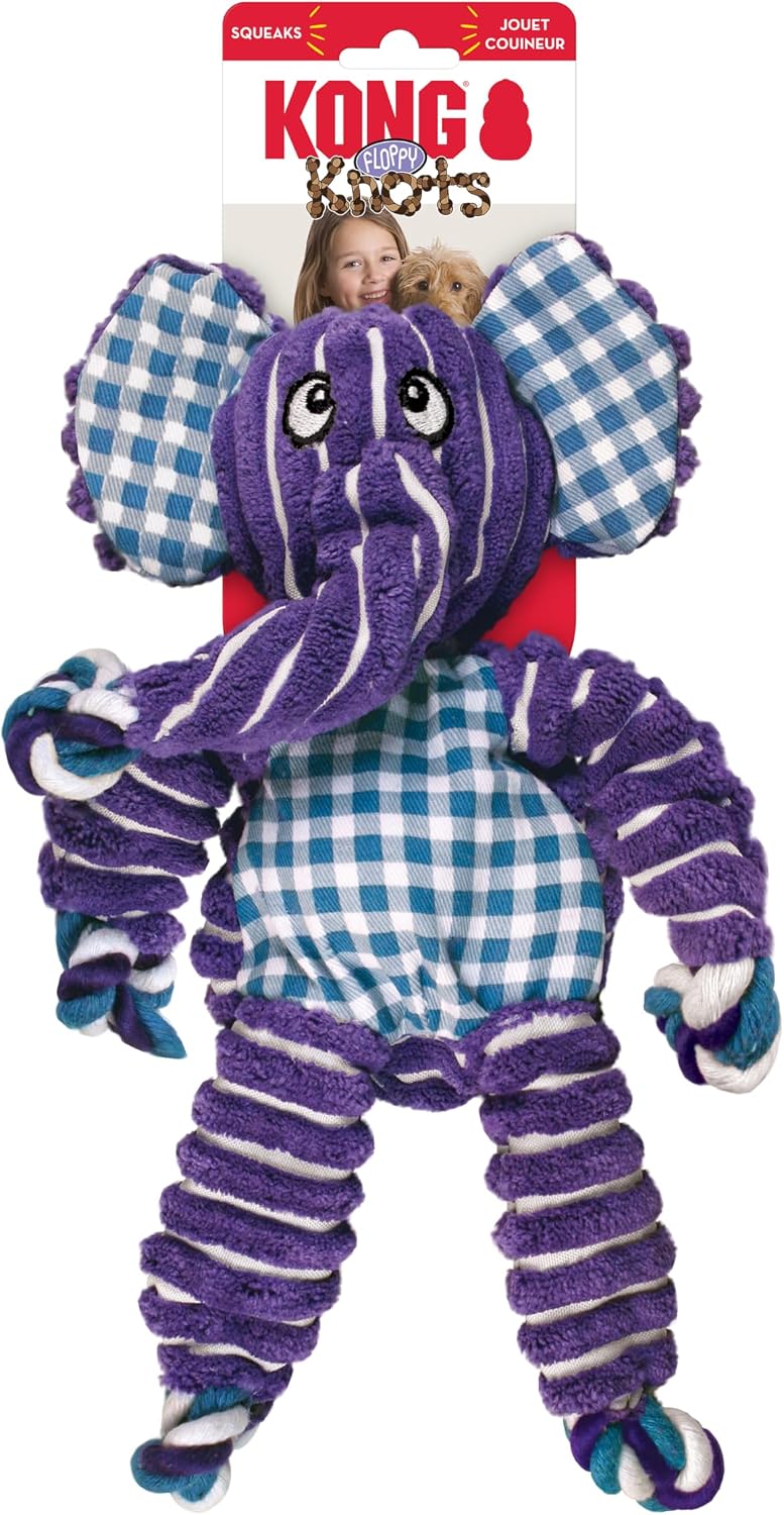KONG Floppy Knots Rope and Plush Dog Toy, Elephant, Medium/Large | Knotted Rope & Plush Toy with Minimal Stuffing & a Squeaker, Great for Teething, Tugging & Lively Play