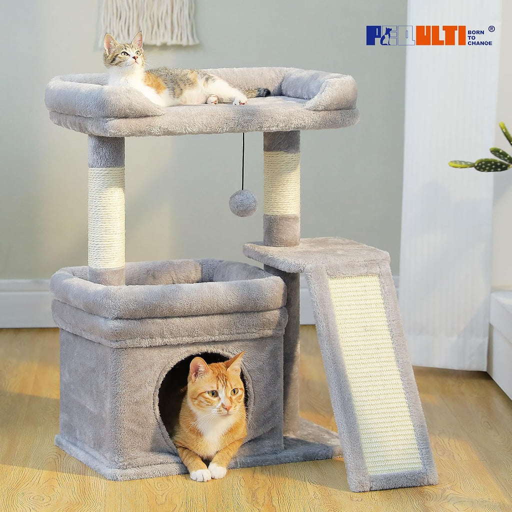 PEQULTI Small Cat Tree Tower for Indoor Cats with Large Perch, Grey