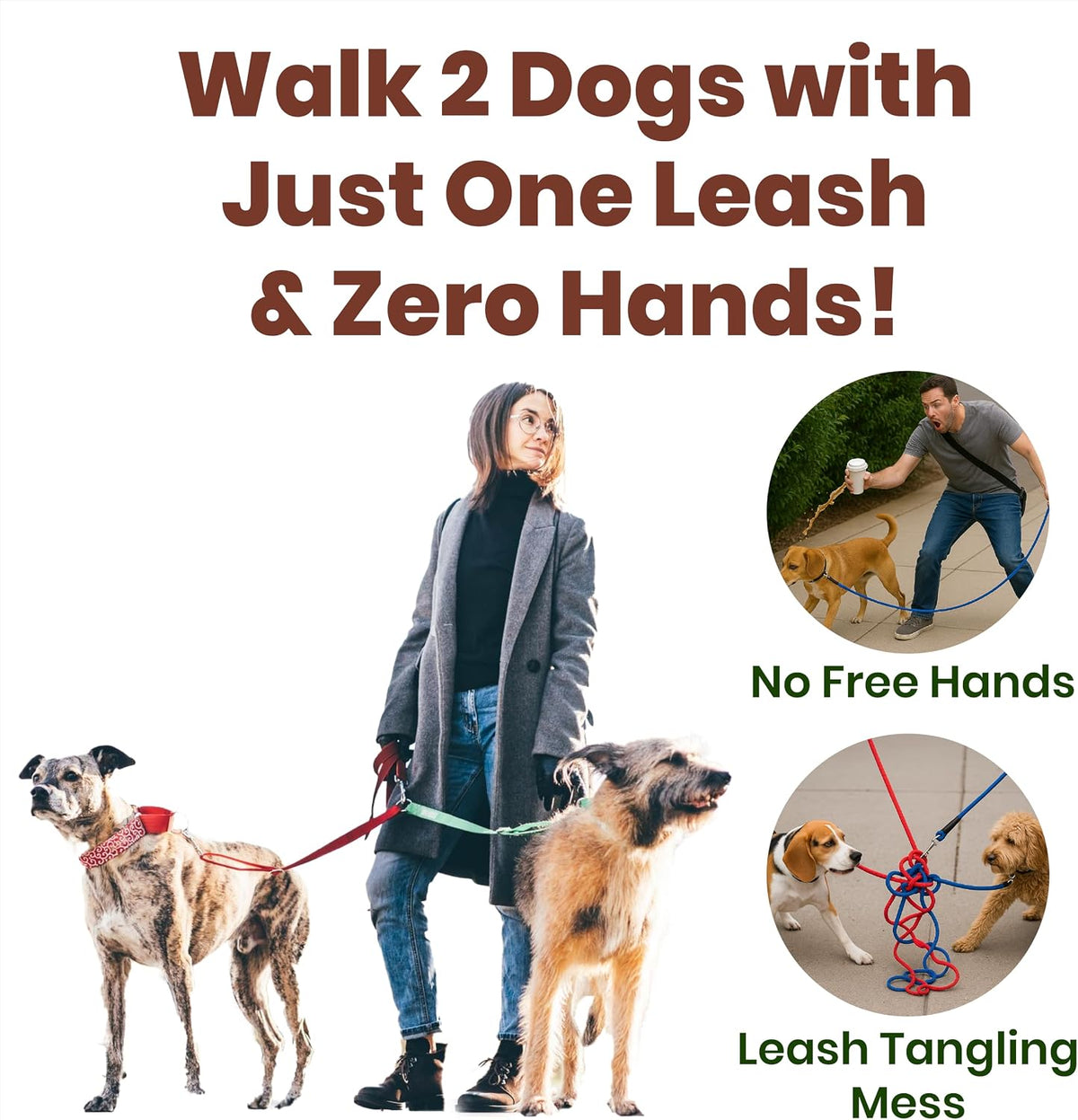 Hands Free Dog Leash 2 Dogs with Padded Handles and Zipper Pouch for Treats