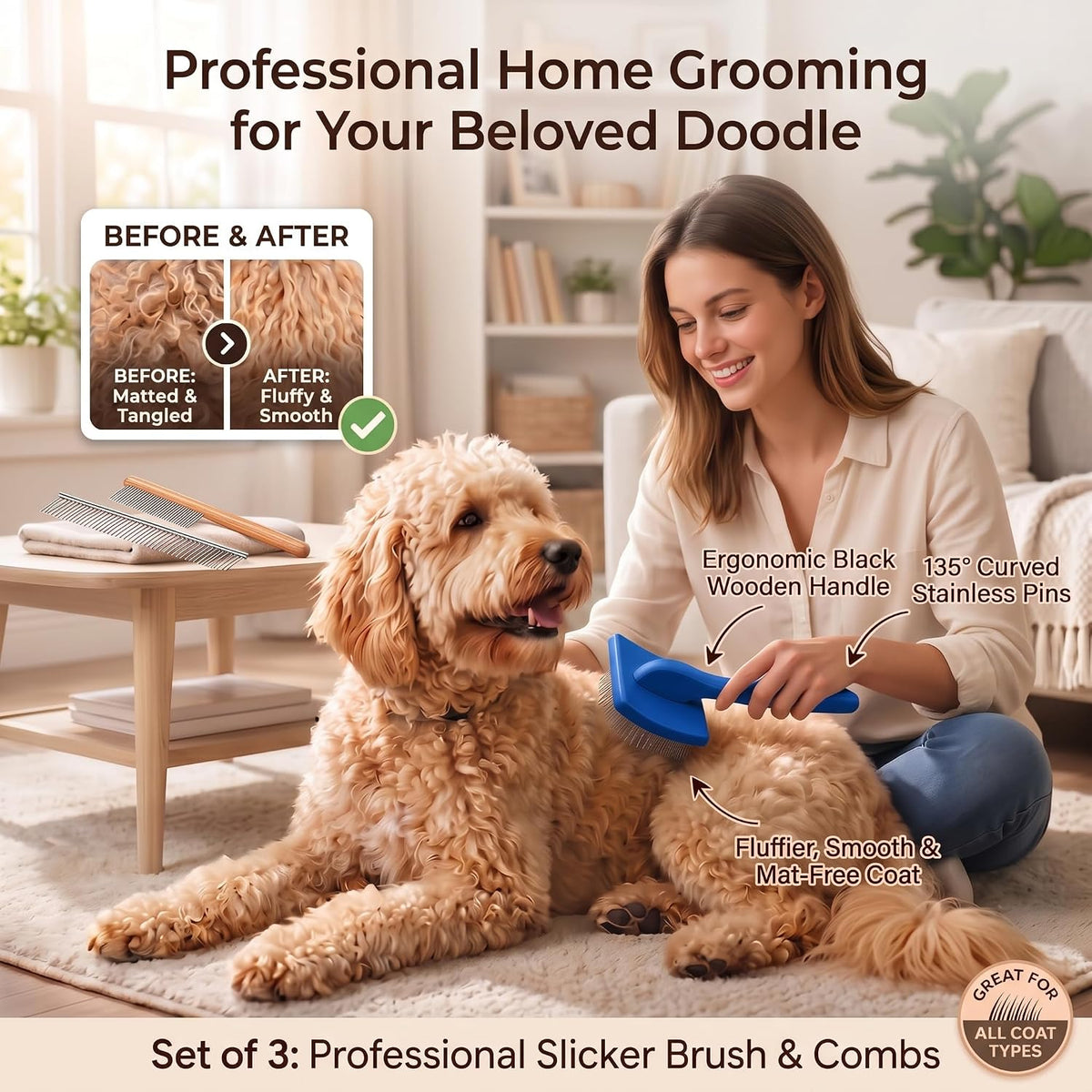 3-in-1 Long Pin Slicker Brush Set, Pet Grooming Kit, Blue
