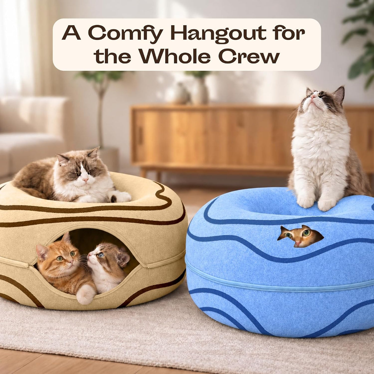 Peekaboo Cat Cave Donut - Cat Tunnel Bed for Indoor Cats – Cute Patterns Hideaway for Multiple & Large Cats, Scratch-Resistant