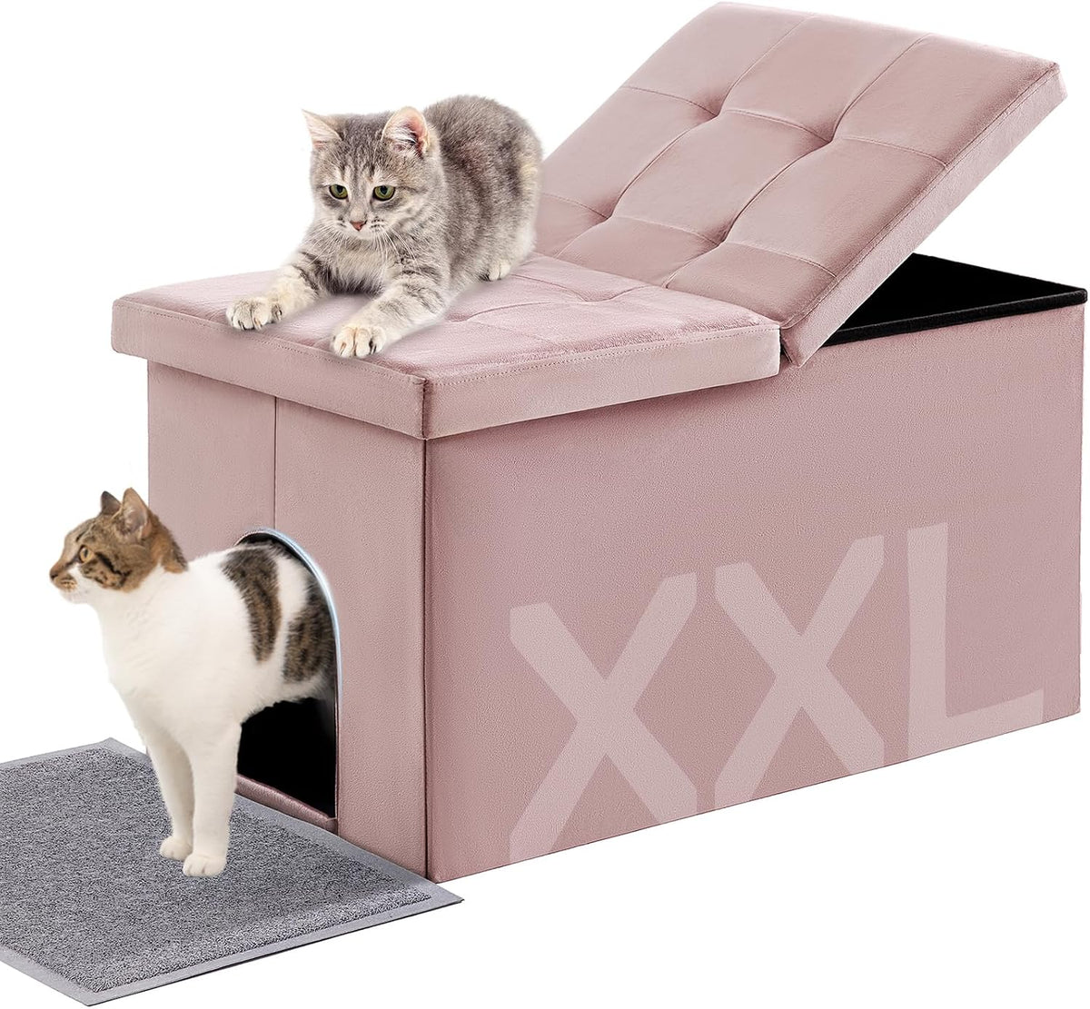 MEEXPAWS Cat Litter Box Enclosure Furniture XXL Velvet Lift Design Lid | Extra Large Hidden Cat Washroom Bench Ottoman, Storage Cabinet Dog Proof, Urine Proof, Easy Clean, Quick Assembly, Pink