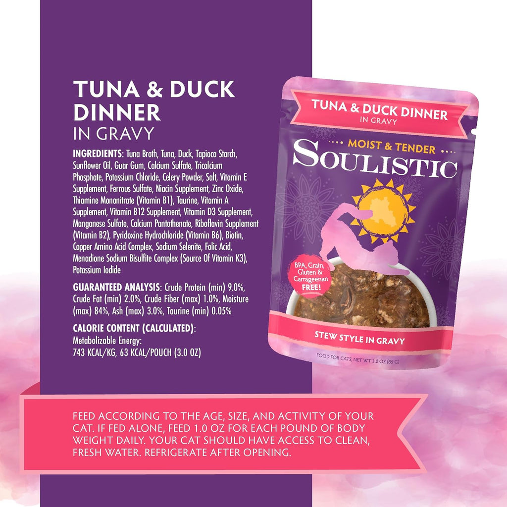 Soulistic Moist and Tender, Tuna and Duck Dinner in Gravy, 3oz Pouch, Pack of 8