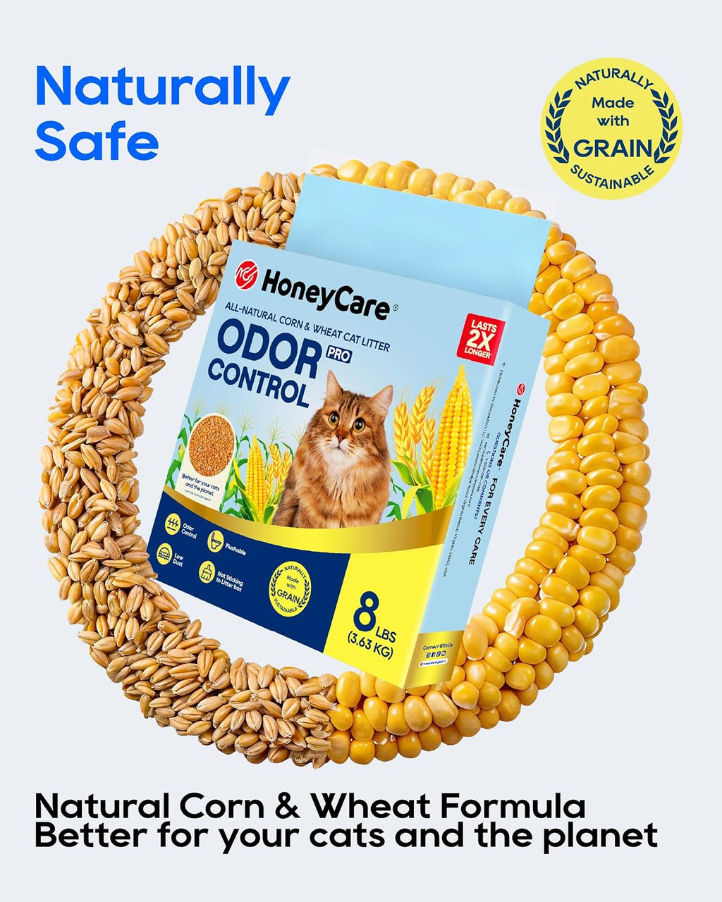 HONEY CARE All-Natural Corn & Wheat Clumping Cat Litter PRO, Flushable, Low Dust, Superior Odor Control, 8 lbs, Single Bag