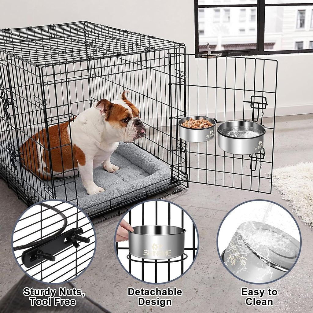 Kennel Bowls Mountable in Crate Kennel Cage (6.2x2.6” & 5.5x2.4”) | 34oz & 25oz Stainless Steel Dogs Bowls, Dog Food and Water Bowl for Dog Crate, 2 Pack, Silver
