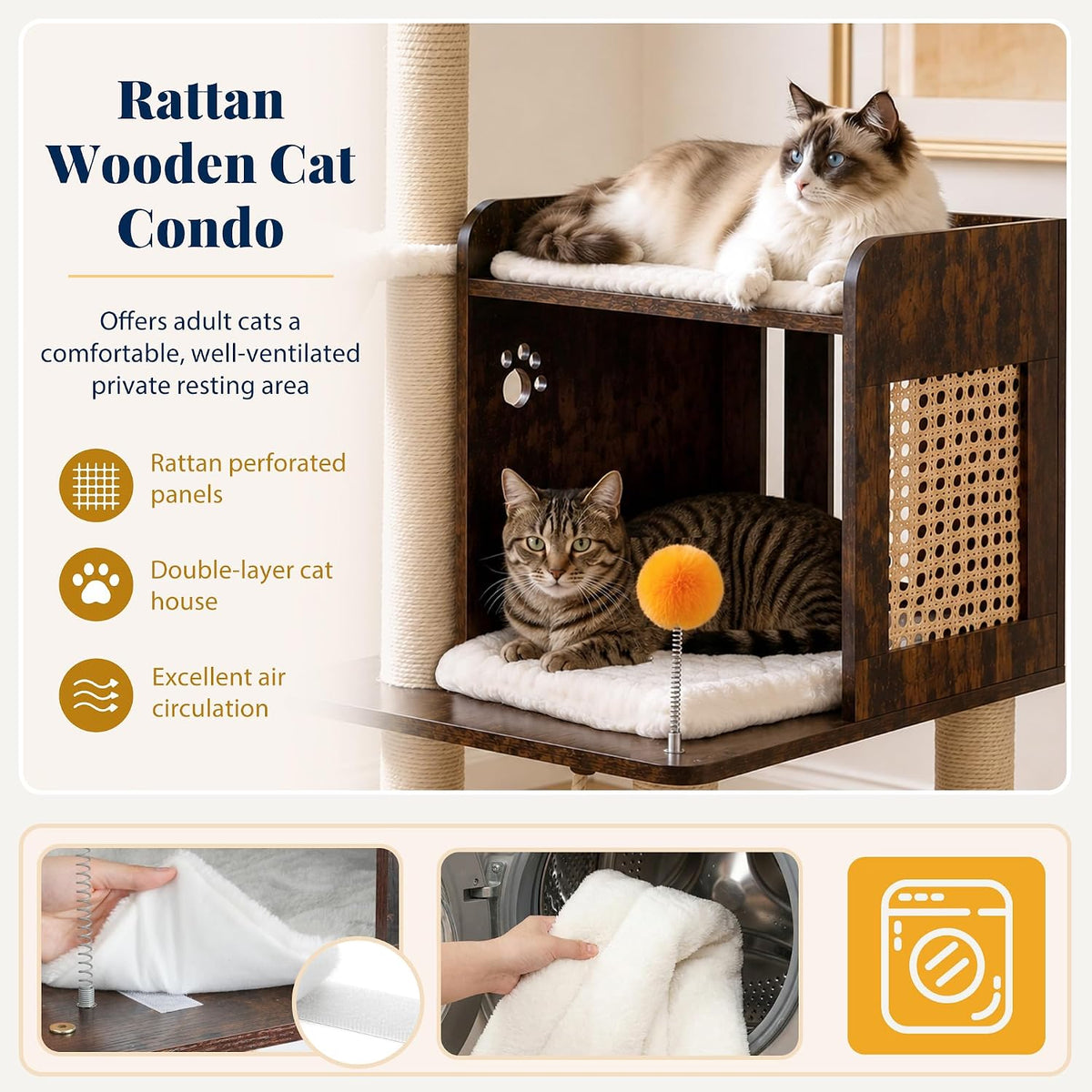 Hey-brother Wooden Cat Tree Tower with Rattan Condo, Large Platform, 2 Cozy Hammocks, Basket, Self-Grooming Brush, 9 Full Sisal Scratching Posts for Indoor Adult Cats, 73 Inches, Rustic Brown MPJ122SR