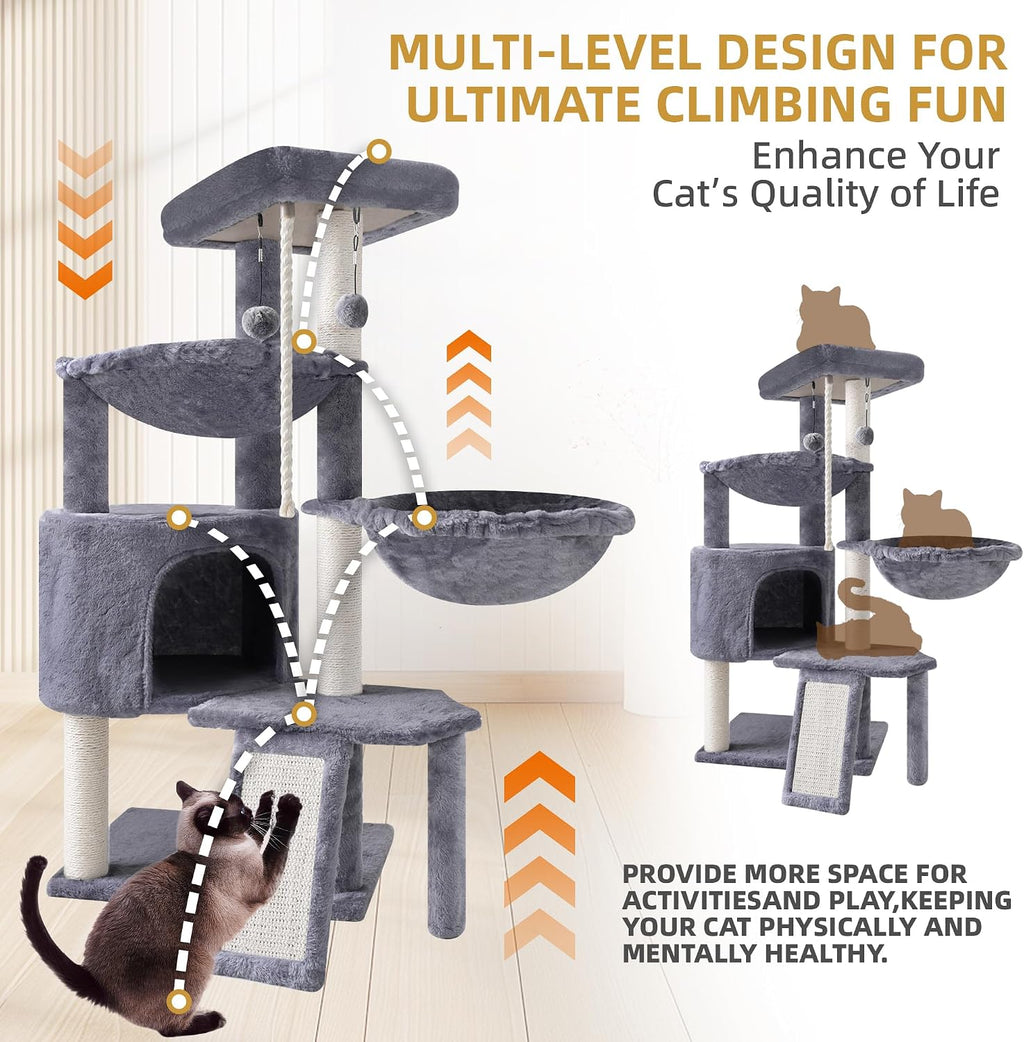 Three Layer Cat Tree with Cat Condo and Two Hammocks,Grey