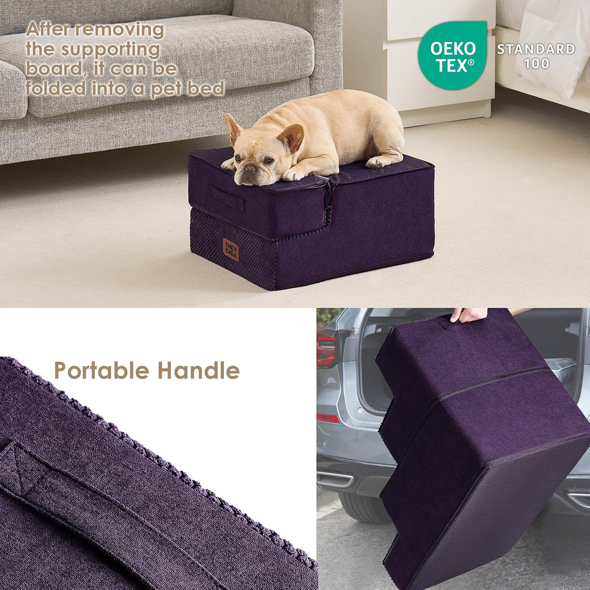 EHEYCIGA Dog Stairs for Small Dogs 13.5" H, 3-Step Dog Steps, Purple