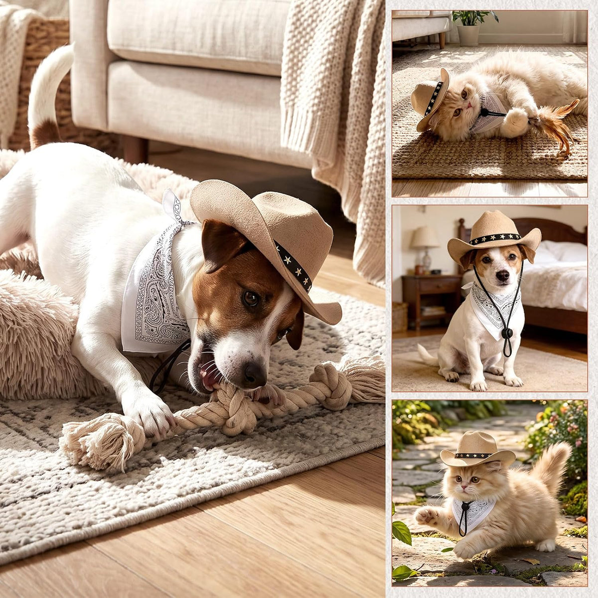Pet Cowboy Costume, Dog Cowboy Hat with Bandana Scarf, Adjustable Cat Cowboy Hat for Party Cosplay Christmas, Halloween Cowboy Costumes for Small Pet Dogs Cats (Khaki, Medium)