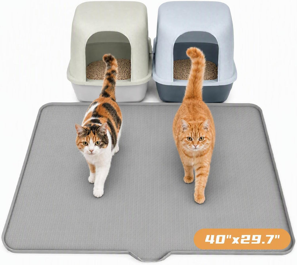 Cat Litter Mat, XL 40"x28" Silicone Litter Box Mat, Tilted Drain Spout | Litter Mat Fit 1-2 Boxes, Extra Wide Kitty Litter Mat, Waterproof Urine Proof, Non-Slip, Easy to Clean, High Edge