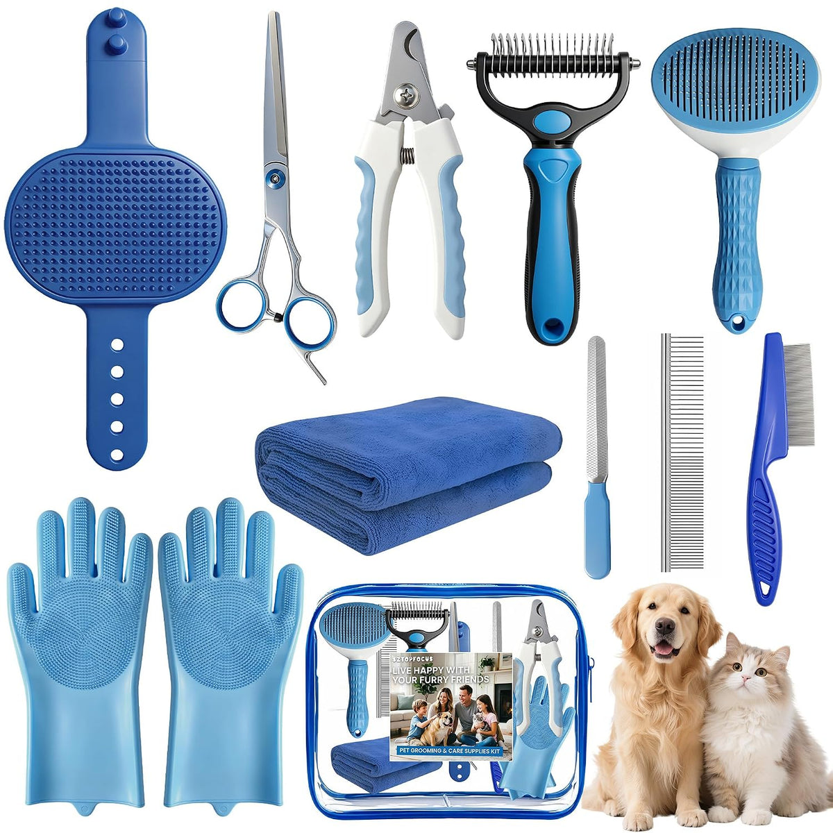 11 Piece Dog Grooming Kit - Hair, Nail, Massage Bath Supplies For Pets Cats