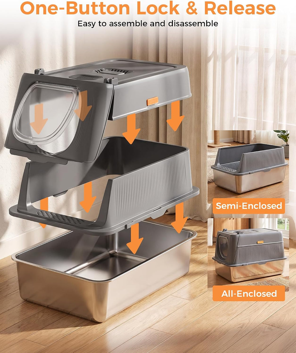 GTPLAYER XL Stainless Steel Cat Litter Box with Lid, High Sided Enclosed Cat Litter Box, Activated Carbon Odor Control, Extra Large Metal Litter Box, Anti-Leak, with Mat & Step, Gray
