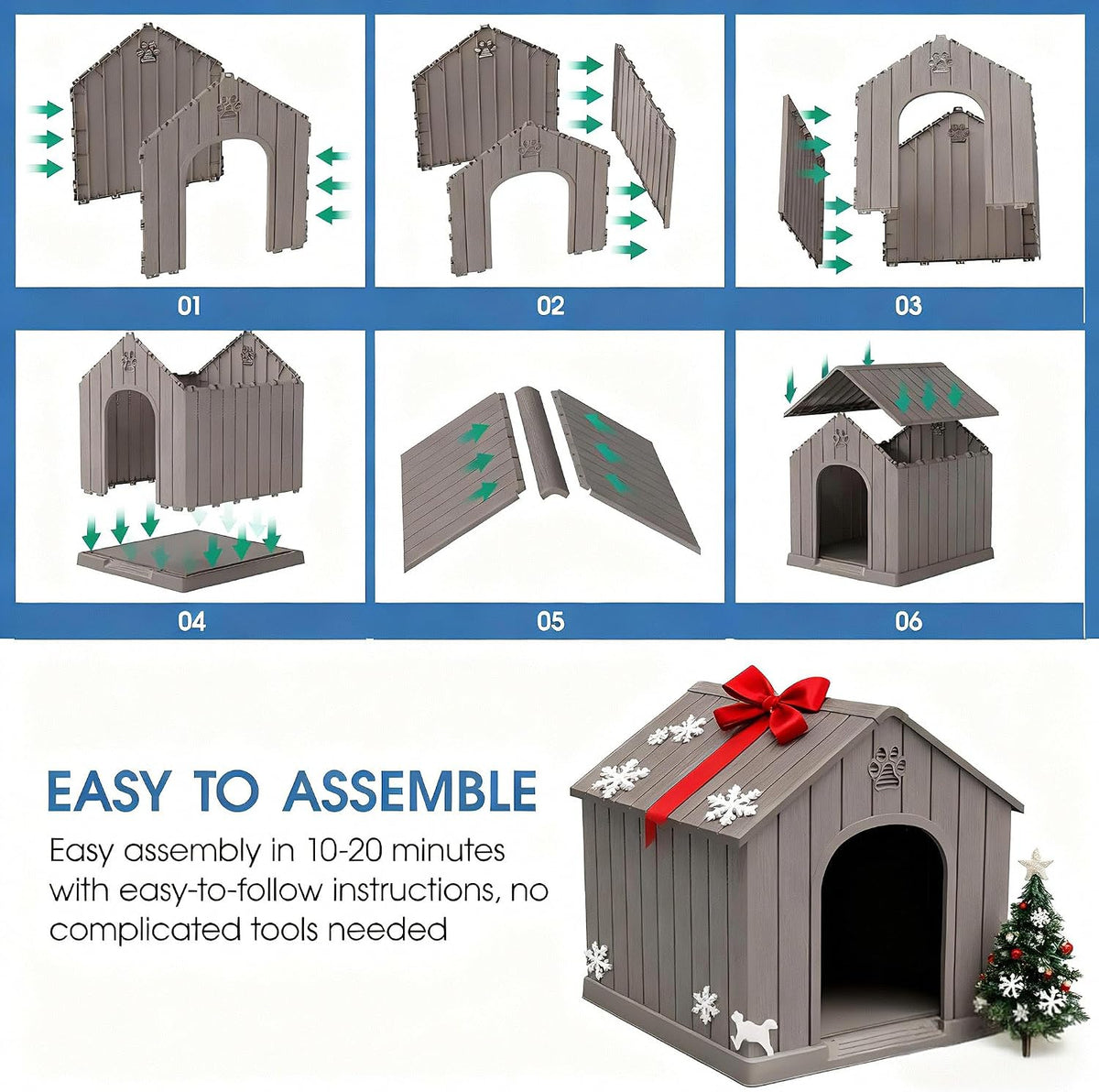 Fancyango Large Dog House Outdoor Indoor for Medium Large Dogs, Sturdy Plastic Waterproof Doghouse with Air Vents and Elevated Floor, Easy Clean and Assemble (Light Grey, 36.2''L×38''W×38''H)