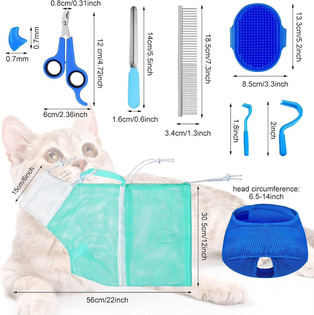 9 Pcs Cat Bathing Bag Set Cat Shower Bag, Blue, Turquoise