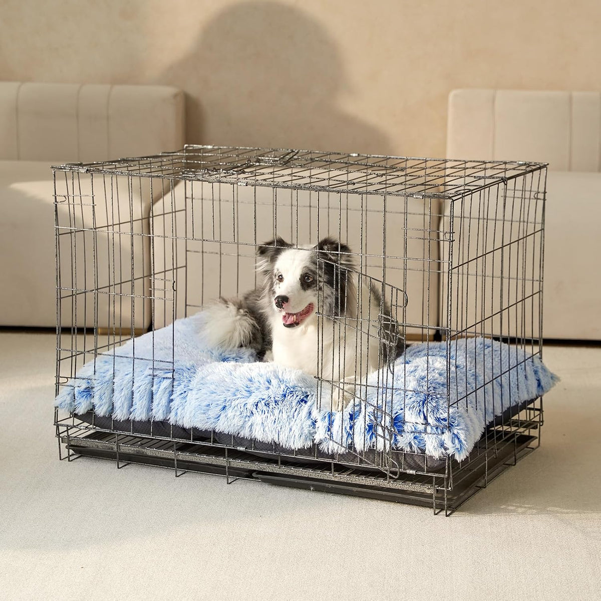 EHEYCIGA Fluffy Dog Crate Bed for Large Dogs, Plush Faux Fur Pad, Blue