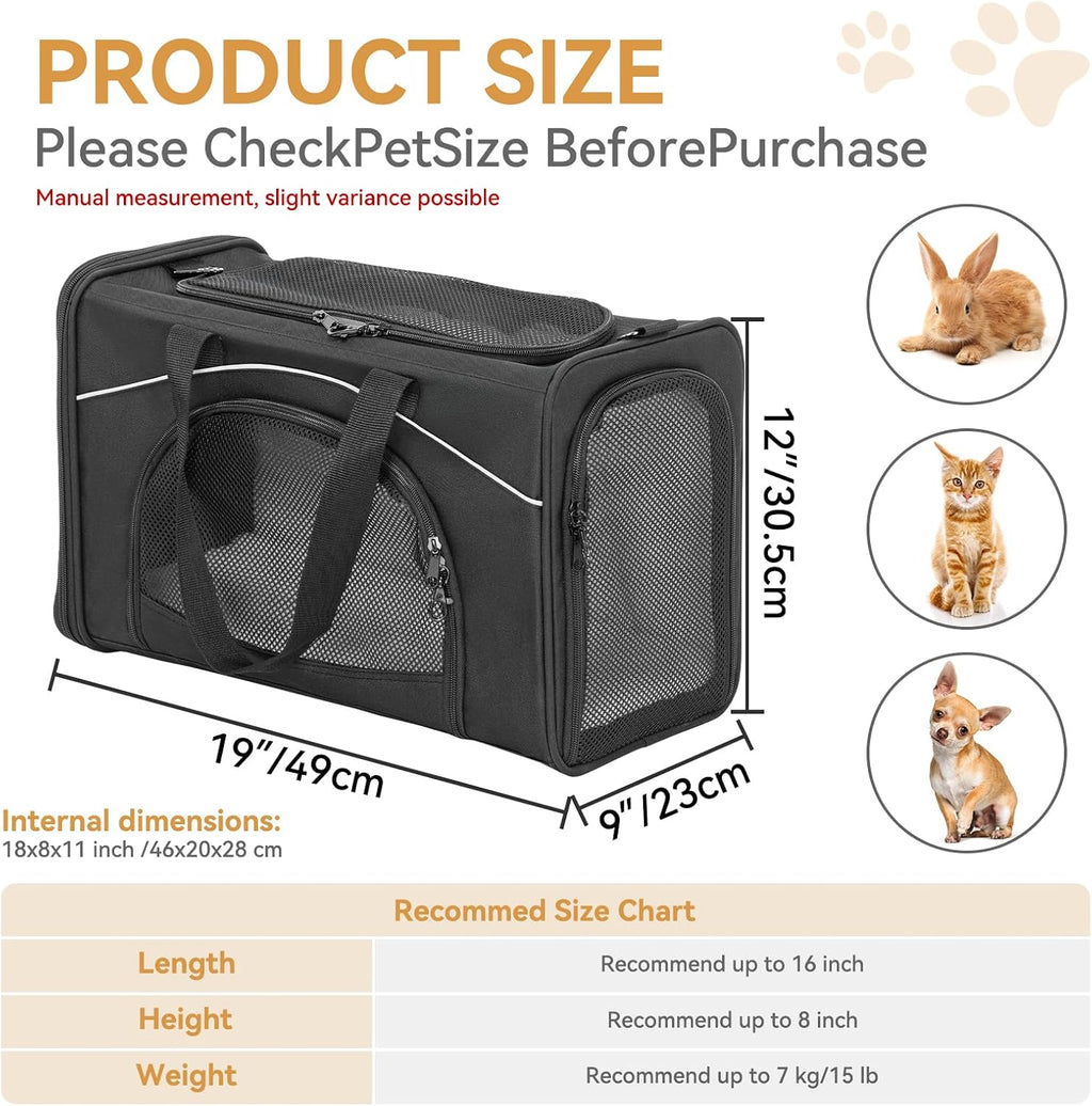 ‌Petsfit Airline Approved Pet Carrier for Small Dogs & Cats, 19x9x12 TSA Approved Carrier, with Removable Dual-Sided Padding (2-Way Placement) - Fits Under Most Airplane Seats, Escape Proof (Black)
