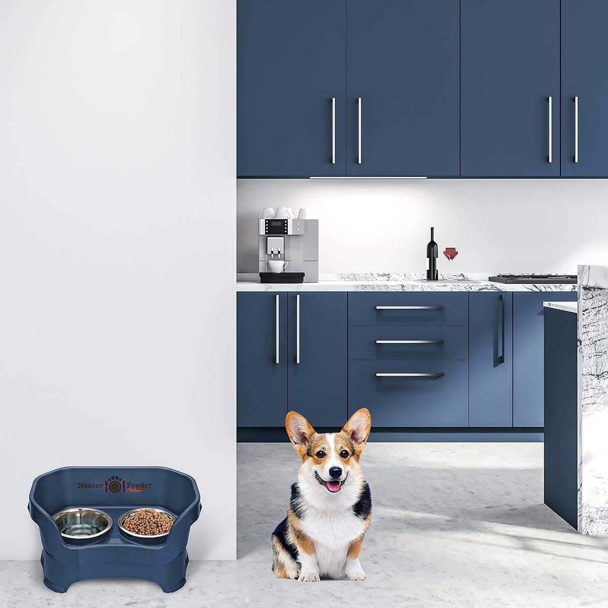 Neater Pet Brands Neater Feeder Deluxe Mess Proof Dog Bowls Elevated for Medium Dogs 19-40 lbs, Made in USA, No Spill Raised Dog Food Bowl Stand Feeding Station, Food and Water Bowl Set, Dark Blue 