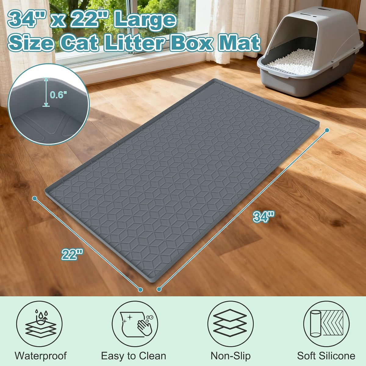 MECHEER Cat Litter Mat Litter Trapping Mat, Silicone Cat Litter Box Mats for Floor, Non-Slip Litterbox Mat with Raised Edge, Easy Clean Pet Feeding Mat for Indoor Cats 34" X 22" Gray