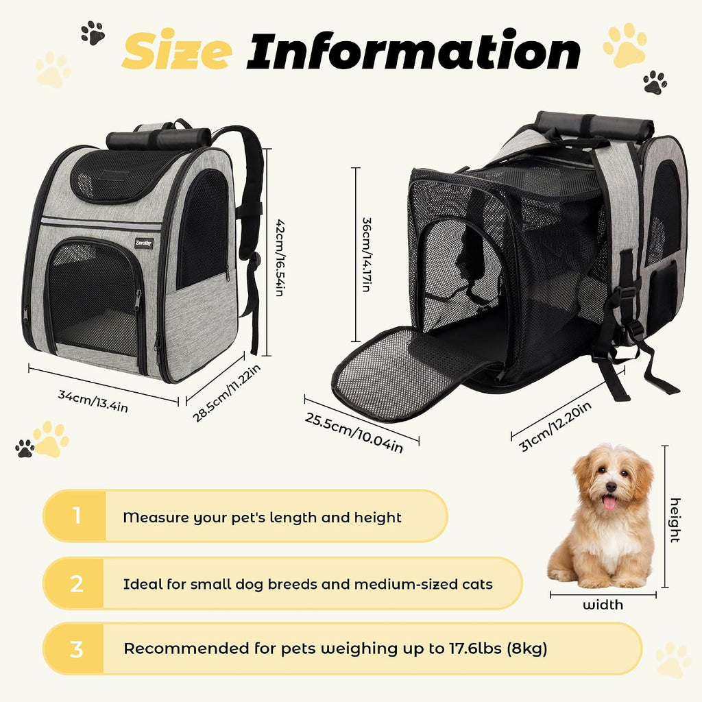 Zavothy Cat Backpack Carrier – Expandable Airline Approved Pet Travel Bag for Cats & Small Dogs, Breathable Mesh Pet Carrier Backpack with Padded Base (Grey)