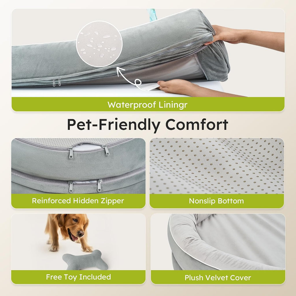 CWAWZ XXL Orthopedic Dog Bed, 53 in. Dog Bed for Large Sized Dogs with Full-Surround Bolsters, Dual-Sided Dog Cooling Beds with Memory Foam, Washable Pet Sofa Couch with Nonslip Bottom, Light Grey