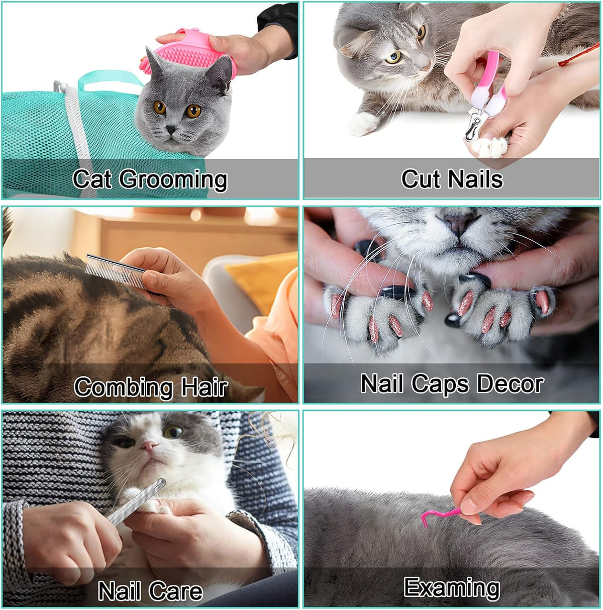 JULMELON 10 PCS Cat Washing Bag for Bath Shower Adjustable Net Grooming Set | Pet Brush Nail Clipper File, Hair Combs Tick Tool, Nail Caps, Bathing Trimming Examination, Pink and Green