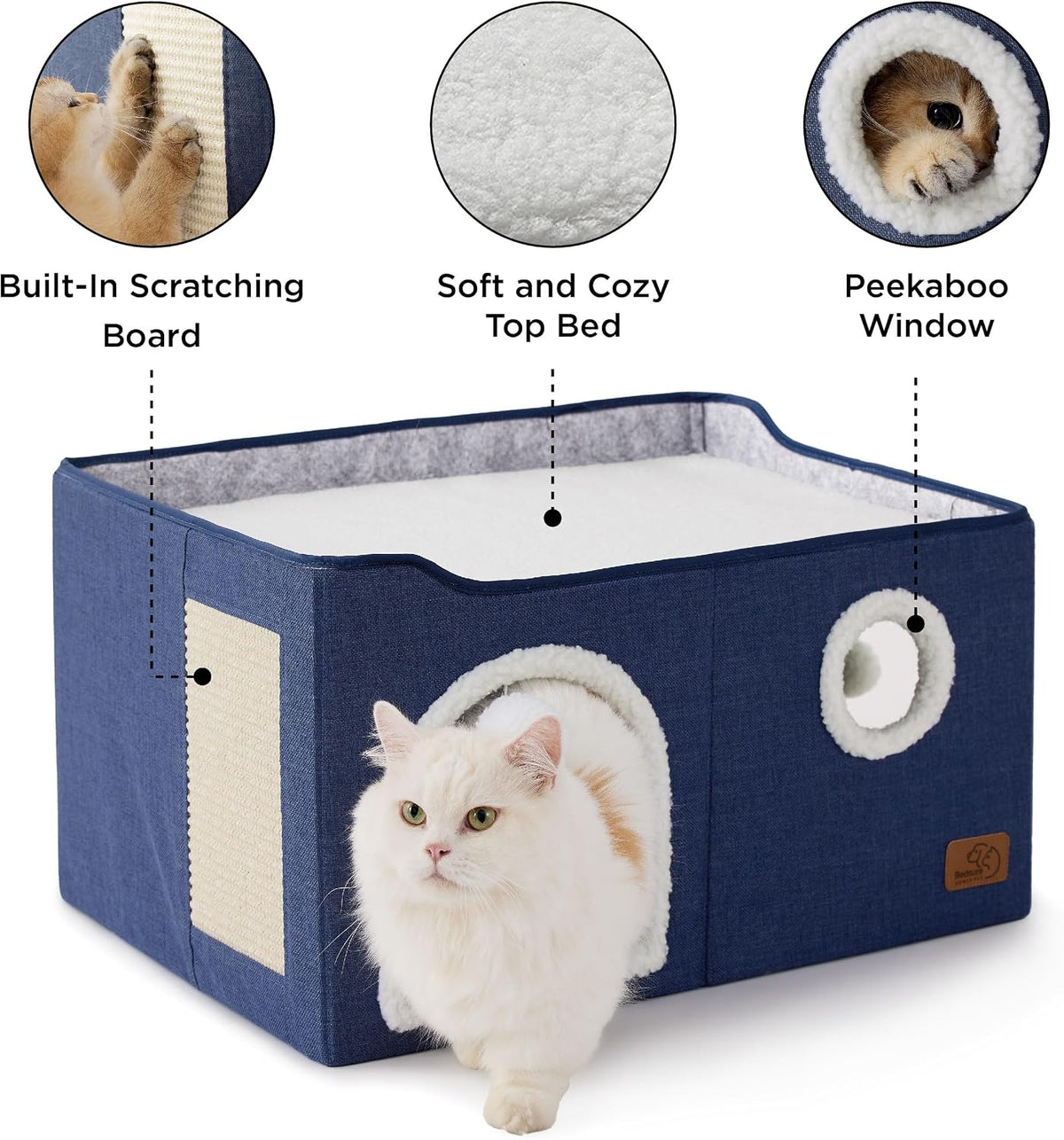 Bedsure Extra Wide Cat House Bed with Fluffy Ball and Scratch Pad,Blue