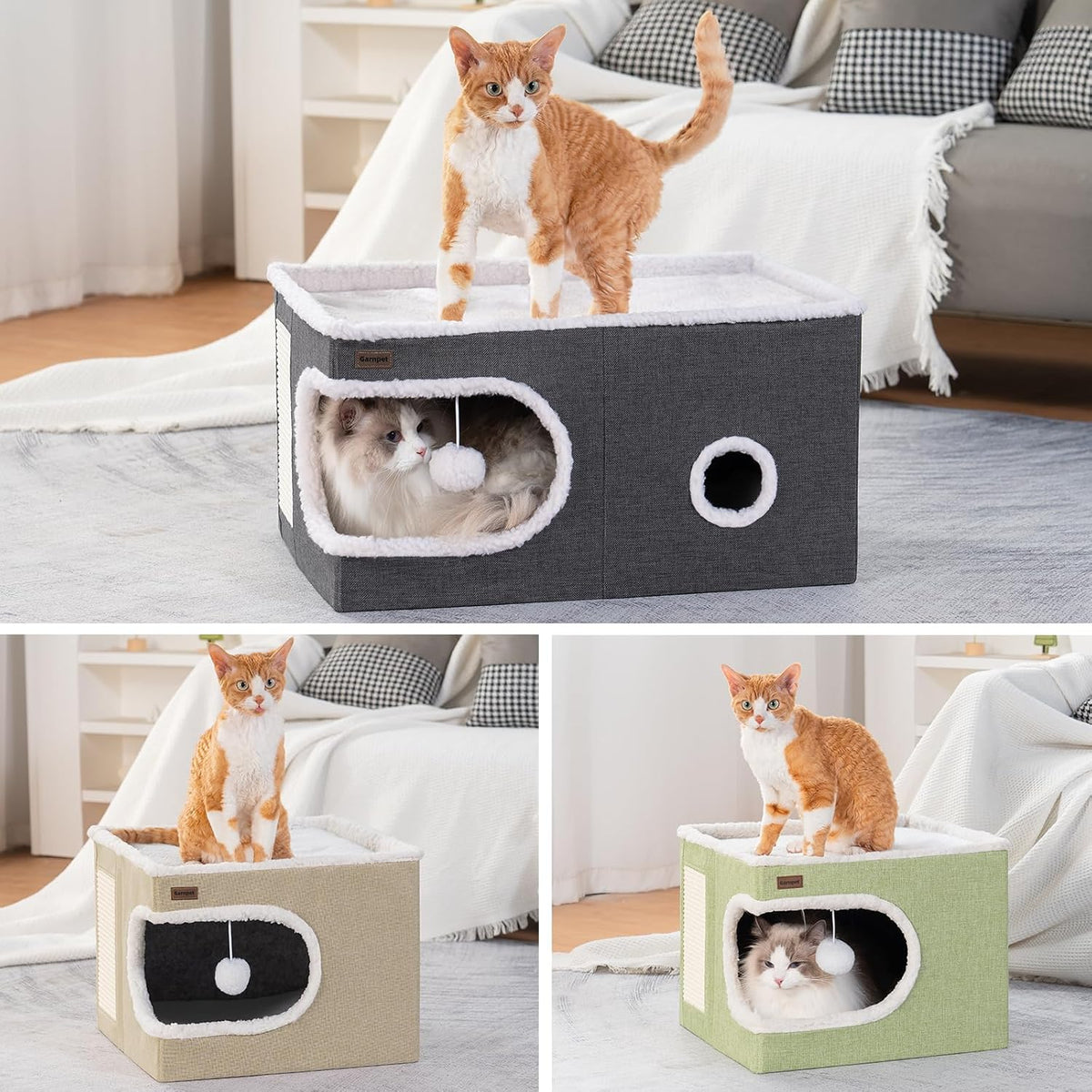 Garnpet Cat Bed for Indoor Cats Cube House, Covered Cat Cave Beds & Furniture with Scratch Pad and Hideaway Tent, Cute Modern Cat Condo for Multi Small Pet Large Kitten Kitty, Large, Grey