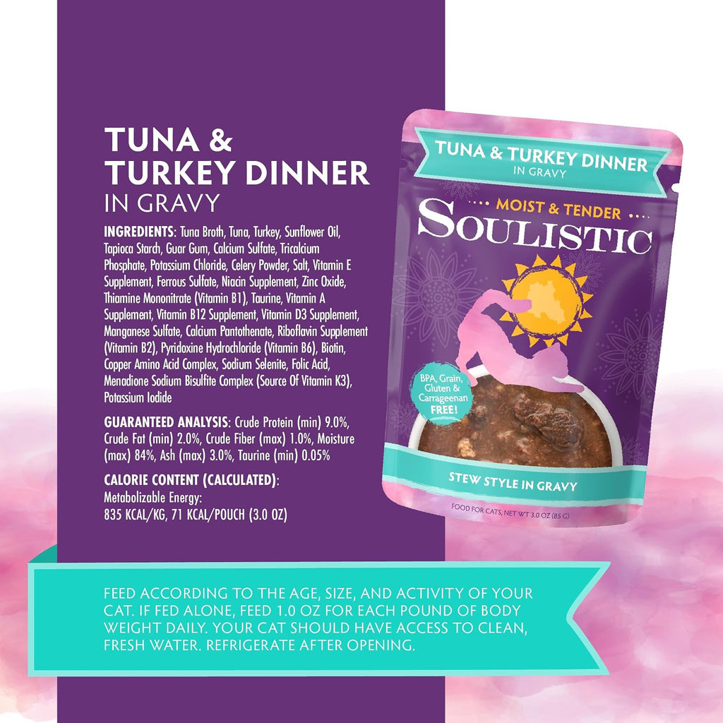 Soulistic Moist and Tender, Tuna and Turkey Dinner in Gravy, 3oz Pouch, Pack of 8