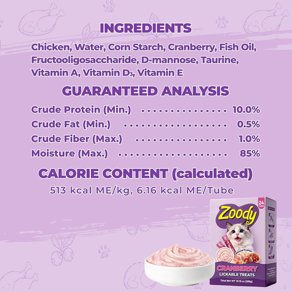 Zoody Cranberry Lickable Cat Treats with Taurine, 24 Tubes, 0.4 oz Each