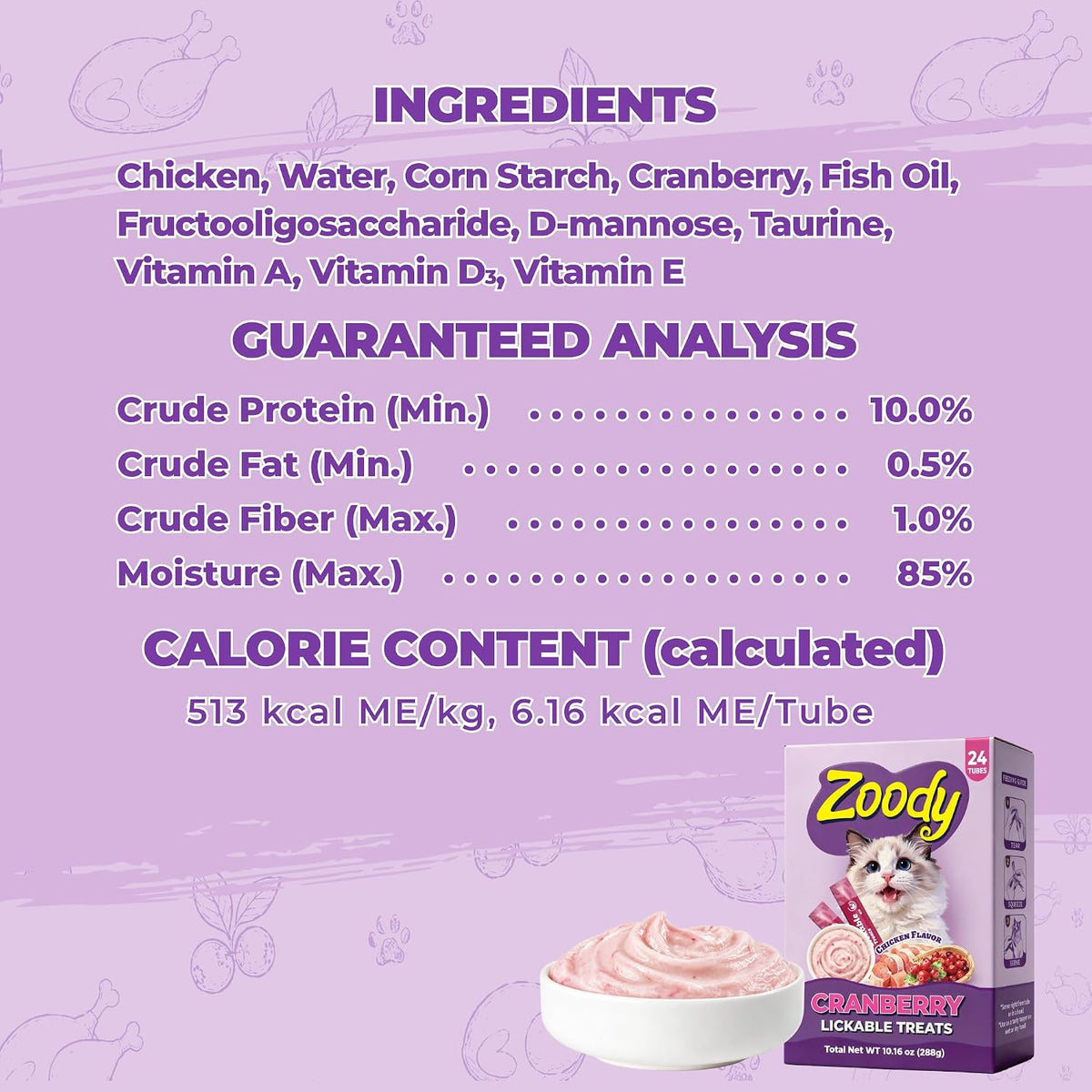 Zoody Cranberry Lickable Cat Treats with Taurine, 24 Tubes, 0.4 oz Each