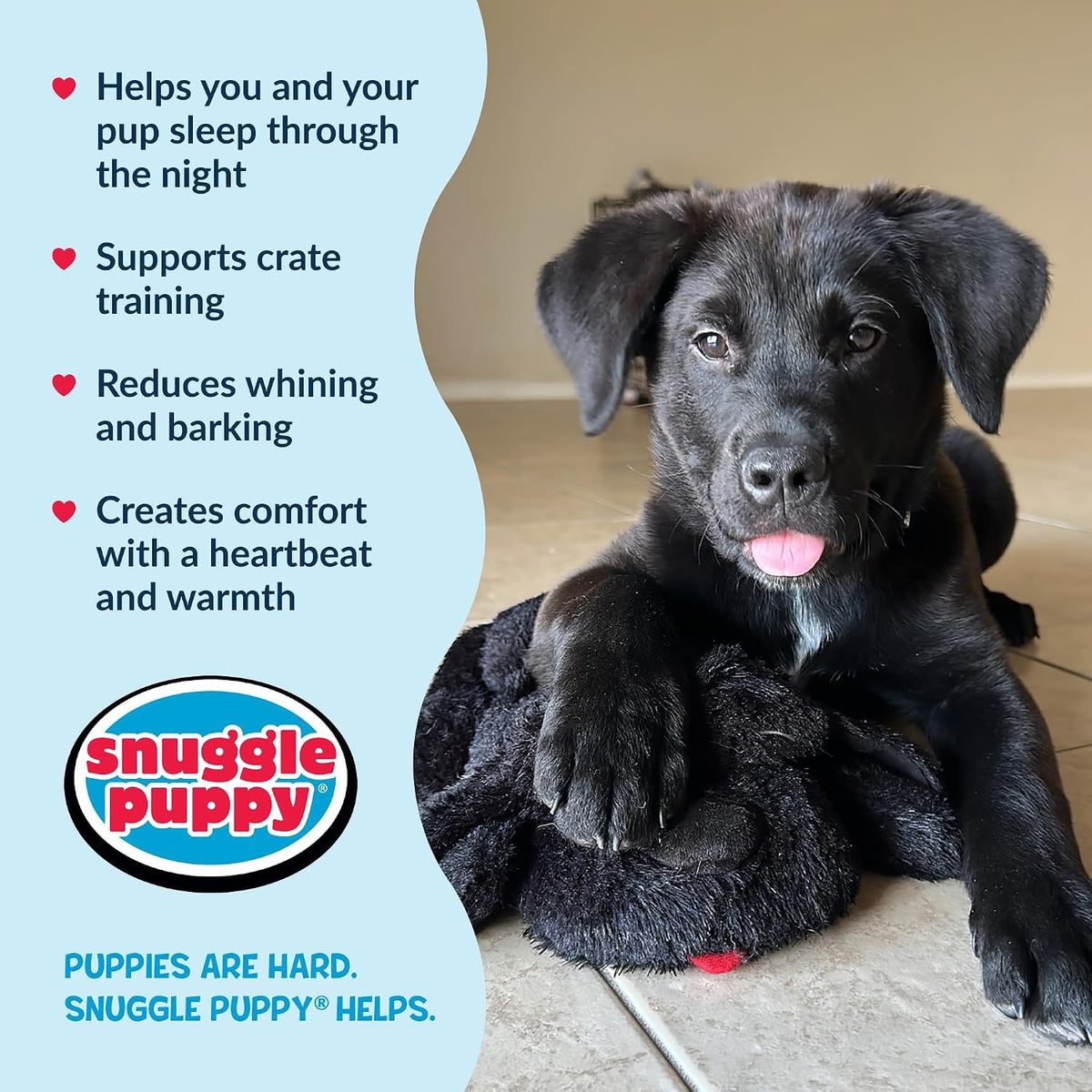 Snuggle Puppy Heartbeat Dog Toy for Puppies, Real-Feel Heartbeat, Calming Sleep Aid and Crate Training Comfort Toy with Heat Pack, Black Plush Design | Calming heartbeat toy, crate training comfort, heat pack, new puppy essentials, first nights, sleep,...