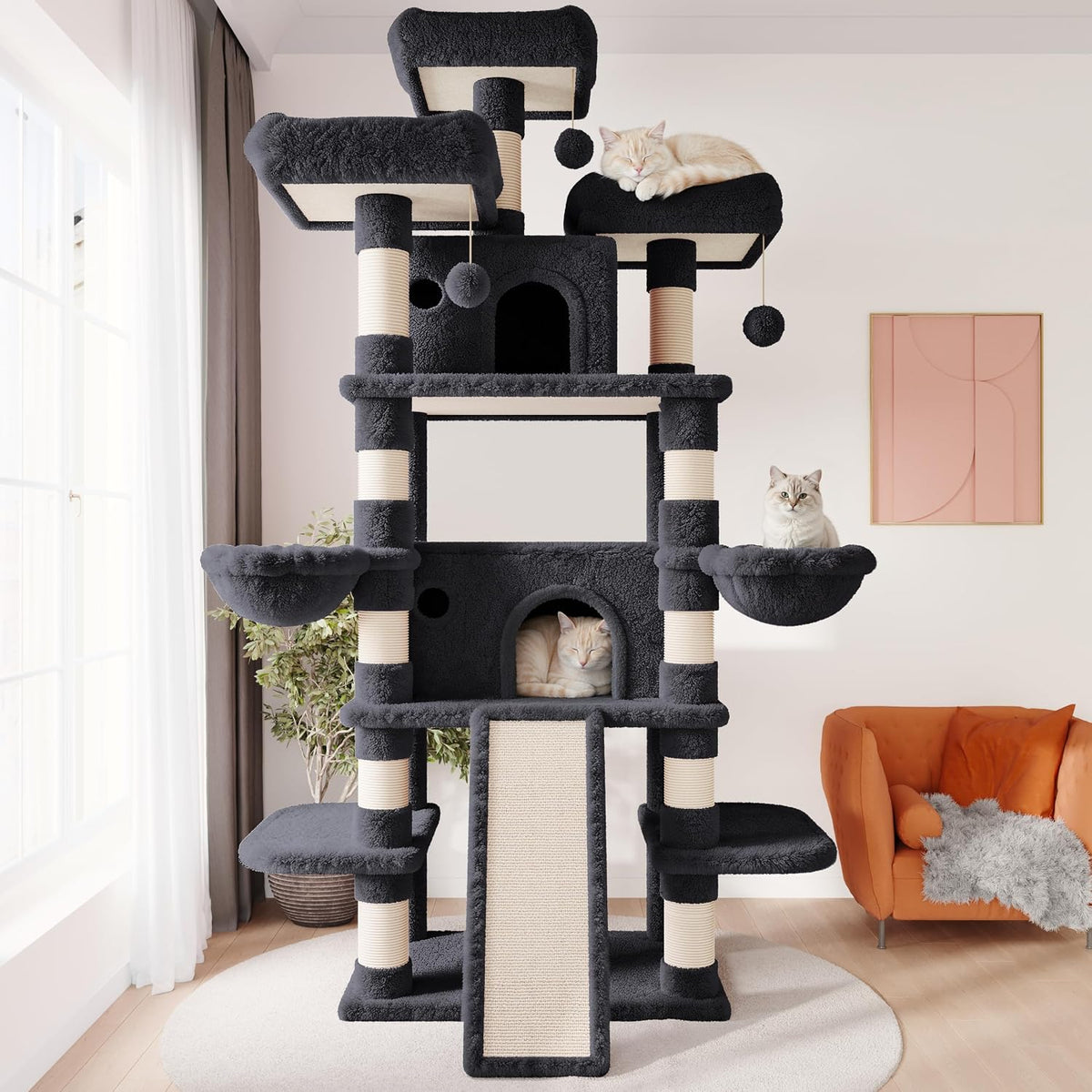 SHA CERLIN 81 Inches Extra Large Cat Tree for Indoor Adult Cats/XXL Big Cat Tower with Condo/Cozy Perches/Sisal Scratching Posts and Hammocks/Activity Center/F80/Heavy Duty/Dark Grey