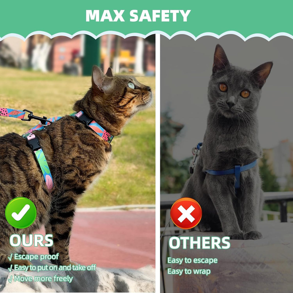 PAWCHIE Cat Harness and Leash Set, Cats Escape Proof-Adjustable Kitten Harness Lightweight Soft Outdoor Walking Travel Pet Safe Harness, Puppy Harness for Girl Cats Bunny Rabbit Small Dog, Green S