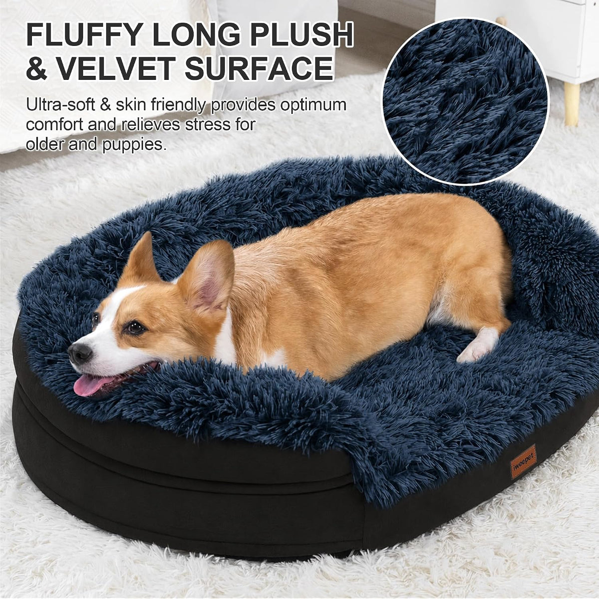 iweepet 3.7 inch Thickened Orthopedic Dog Beds for Medium Dogs, Supportive Dog Sofa Bed with 28D Egg-Crate Foam,Removable Washable Plush Cover,Waterproof Lining, Half-Round Design for Puppy,Senior Dog