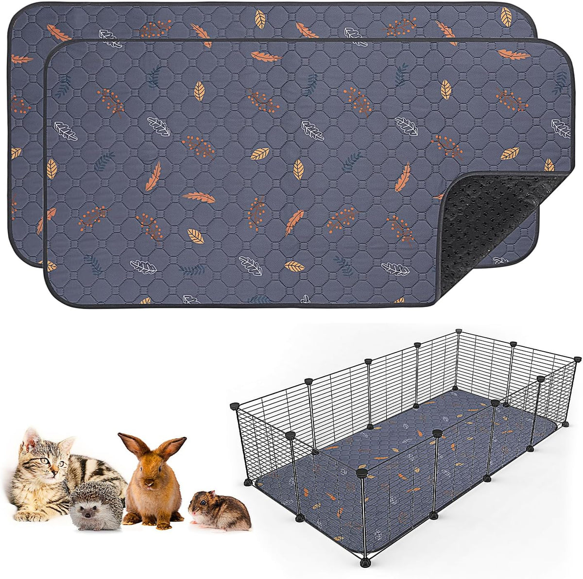 Sunheir 2 Pack Washable Guinea Pig Pee Pads, 24" x 48" Waterproof Reusable Guinea Pig Cage Liners, Absorbent Bedding Training Mat for Small Animal Guinea Pigs Rabbit Bunny Hamster (Leaves - Deep Grey) | Waterproof Super Absorbent Small Animal Mat for G...