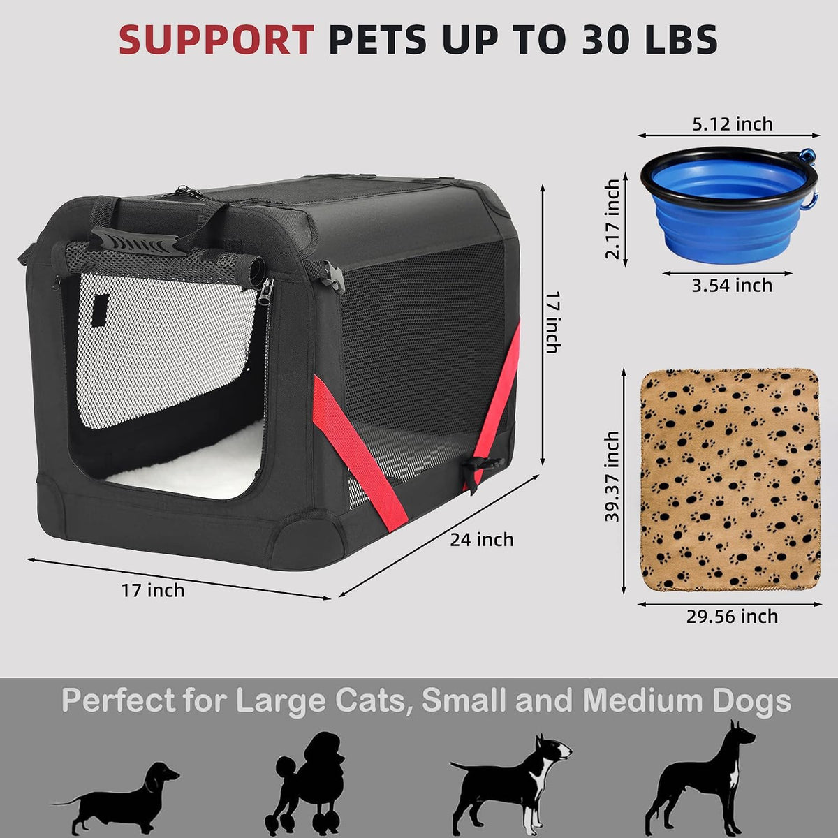 Petprsco Large Cat Carrier for 2 Cats/Small Dogs 24"x17"x17" for Car Travel