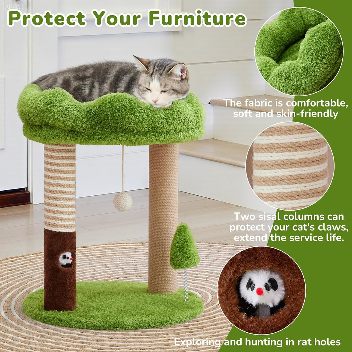 WOOCHPET 21" Small Cat Tree with 2 Scratching Posts and Perch Bed