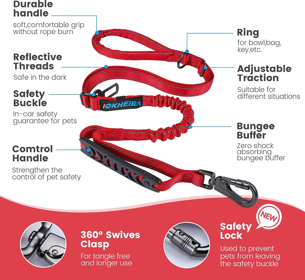 IOKHEIRA 6Ft /4Ft Dog Leash Rope for Large Dogs, Heavy Duty with Comfortable Padded Handle and Highly Reflective Threads,4-in-1 Multifunctional Dog Leashes with Car Seat Belt for Training