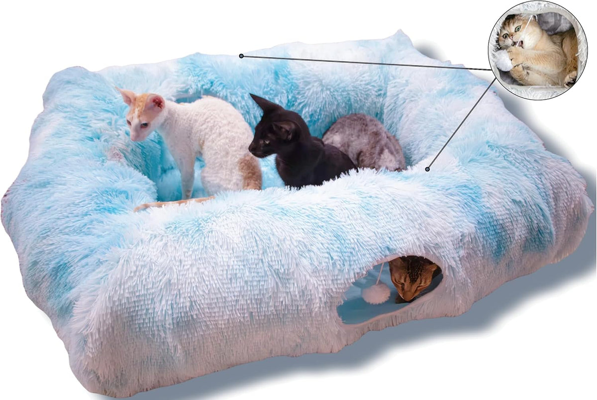 XxingSheep 4 Cave Shuttled XL Cat Tunnel Bed for Indoor Cats Peekaboo Toy Donut with Warm Mat, Azure Blue