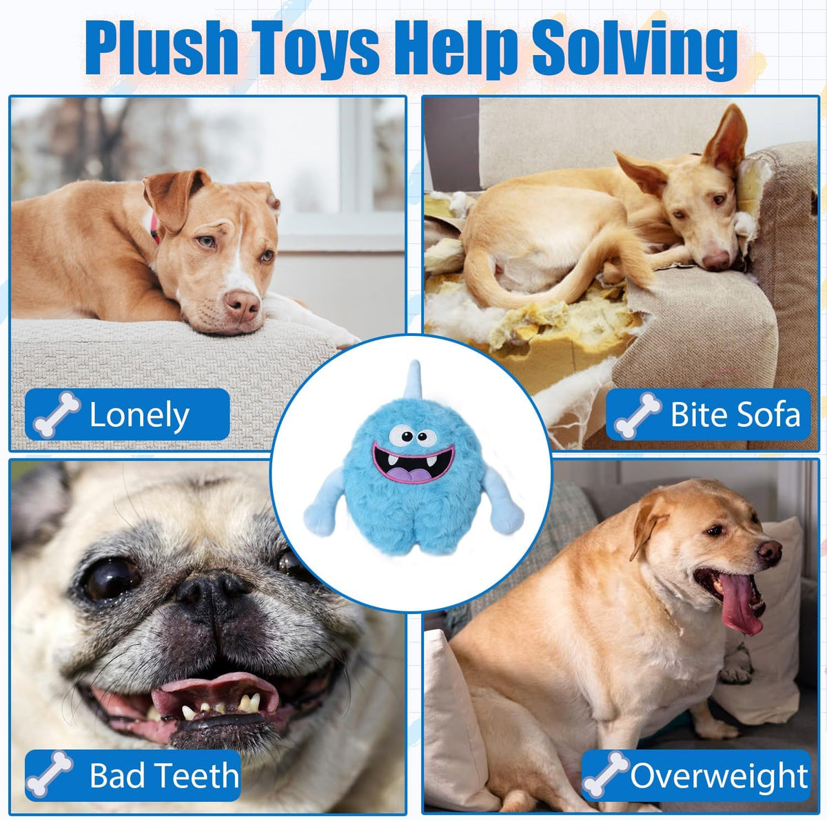 Monster Stuffed Squeaky Dog Toy, Crinkle Dog Plush Toy, Light Blue | Soft Lightweight Toy for Fetch and Chew, Interactive Outdoor Indoor Play for Tug, Birthday Gift, For Puppy Small Medium Dog