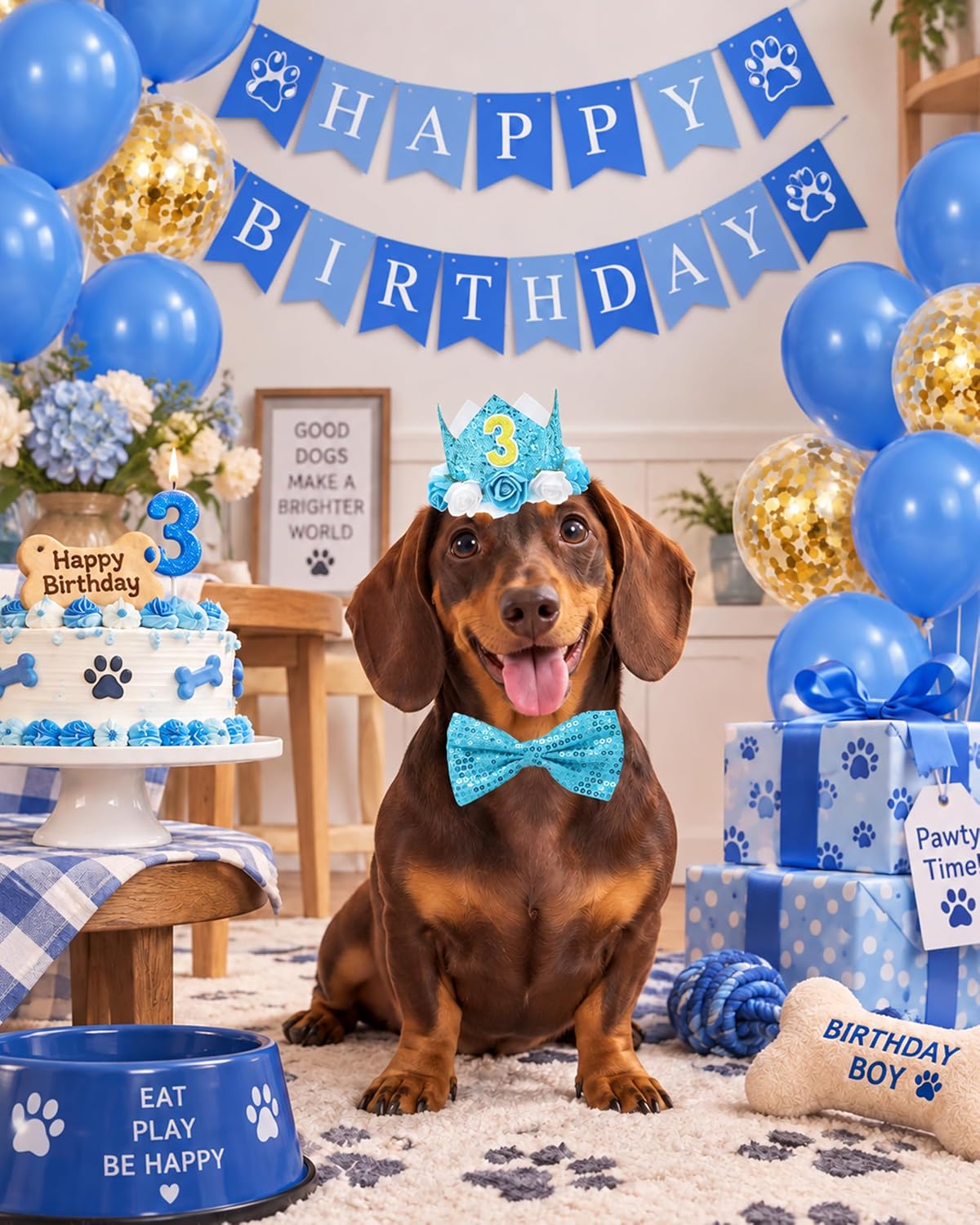 PET SHOW Dog Birthday Party Decorations Blue Crown with Bandana & Bowtie