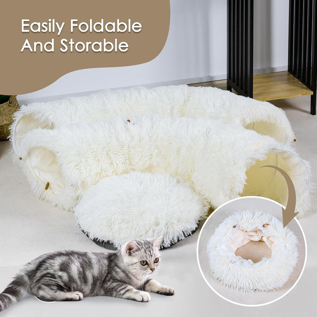 Peekaboo Cat Cave with Washable Mat, Collapsible Cat Play Tunnel for Kittens & Small Pets, Plush Cat Donut Bed Tunnel, Beige