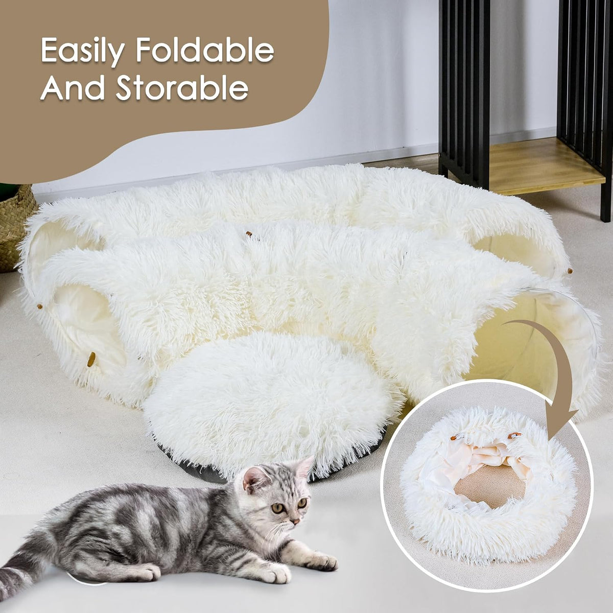 Peekaboo Cat Cave with Washable Mat, Collapsible Cat Play Tunnel for Kittens & Small Pets, Plush Cat Donut Bed Tunnel, Beige