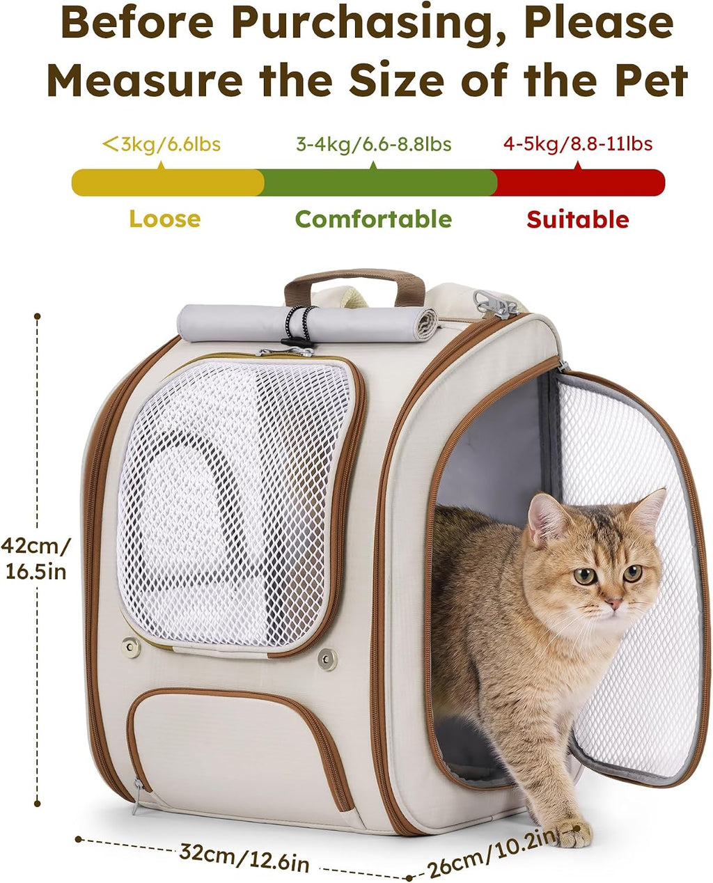 Pecute Cat Backpack Carrier, Spacious & Breathable Pet Backpack, Khaki
