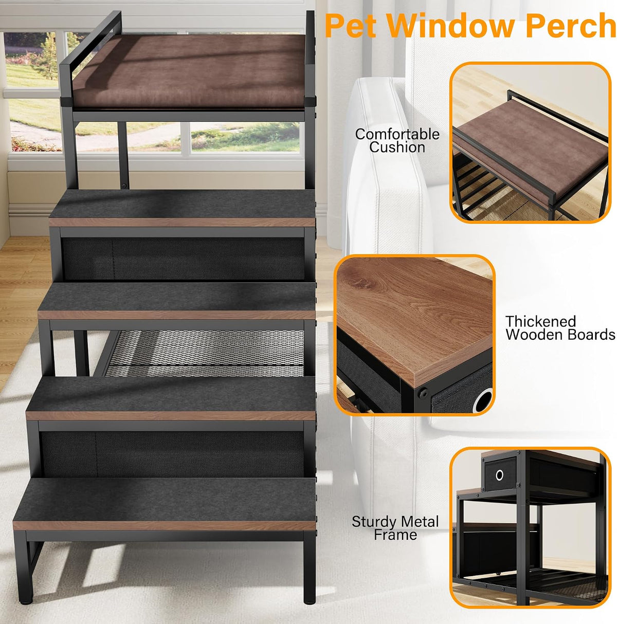 kepptory Dog/Cat Window Perch with Stairs and Seat Cushion, Pet Bunk Bed with Storage Drawers, Bedside Dogs Cot for Small, Medium Cats & Dogs, Pet Stairs Ramp(Brown)