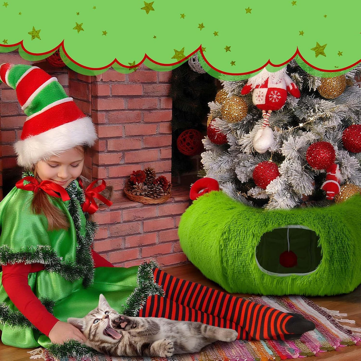Frienda Christmas Cat Tunnel Bed Under Christmas Tree 3ft x 3ft x 9.4in