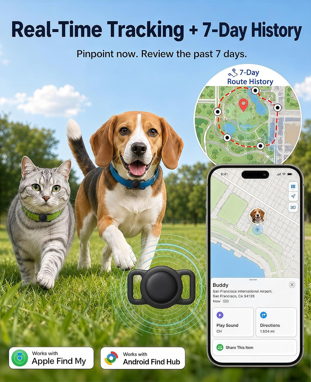 GPS Tracker for Dogs and Cats, iOS & Android, Real-Time Tracking (Pearl Black)
